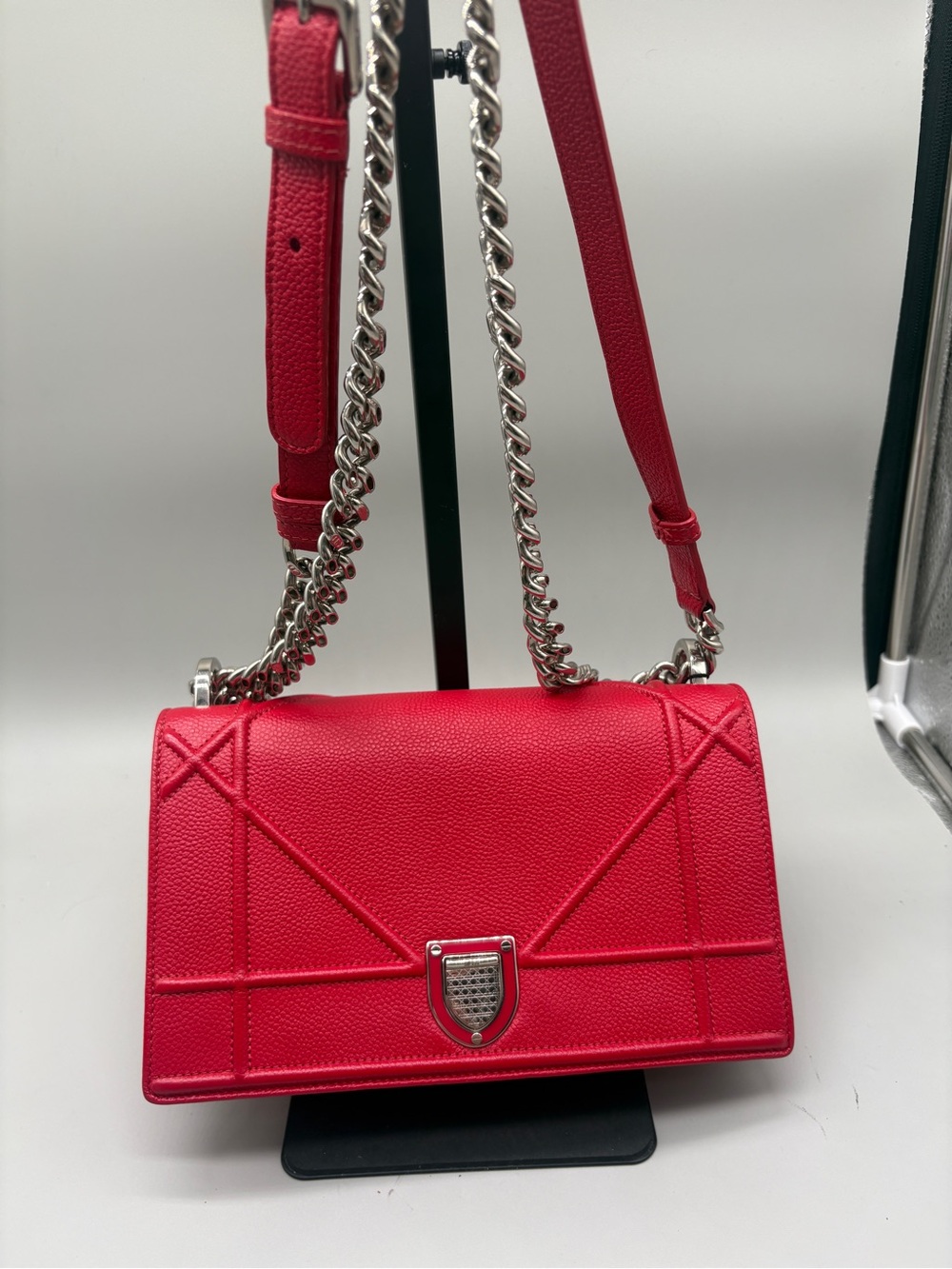 Dior Red Leather Crossbody with Silver Chain Strap